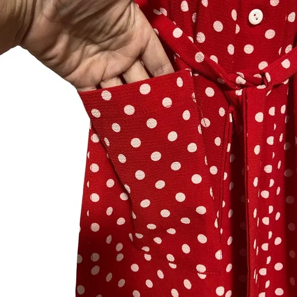 Eva Rose Short Sleeve Polka Dot Belted Dress with Pockets Red